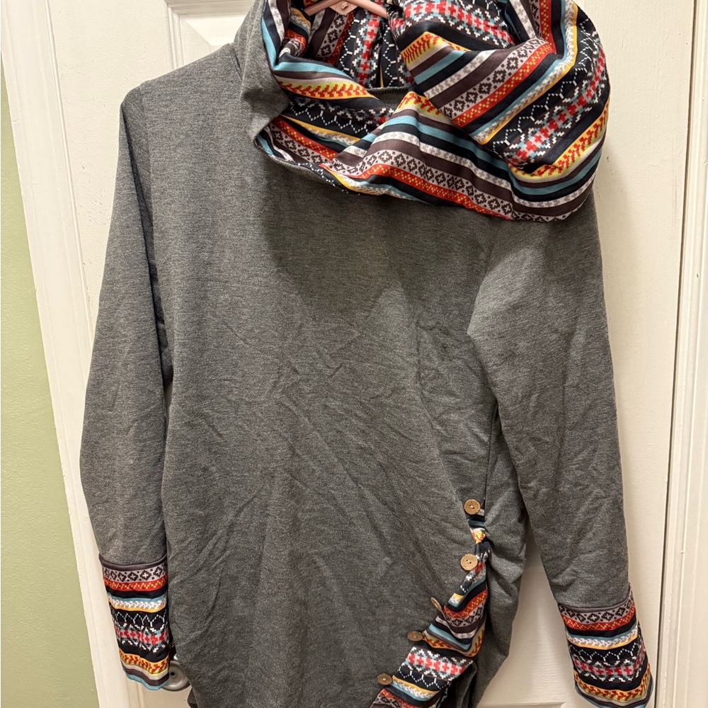 Colorful Patterned Cowl Neck Sweater